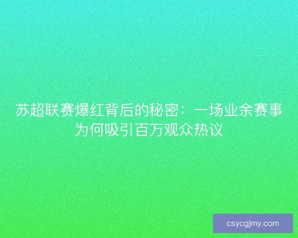 苏超联赛爆红背后的秘密：一场业余赛事为何吸引百万观众热议